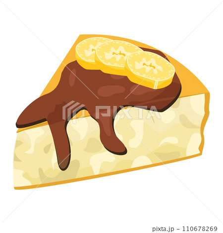 Slice of cheesecake with chocolate topping and lemon slices. Sweet dessert, cake slice with citrus fruit. Delicious treat and bakery concept vector illustration. 110678269