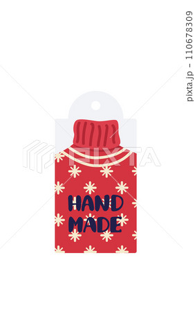 Red Christmas sweater label with HAND MADE text and snowflake decorations. Holiday DIY product tag design. Winter clothing concept vector illustration. Red Christmas sweater label with HAND MADE text and snowflake decorations. Holiday DIY product tag design. Winter clothing concept vector illustration. 110678309