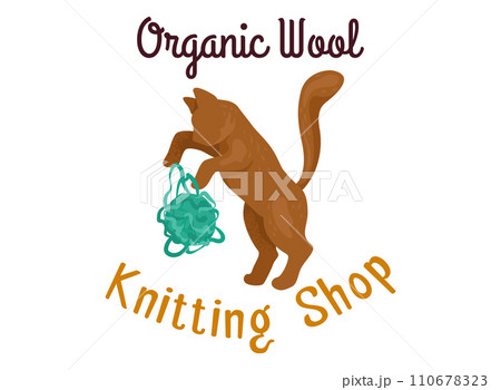 Brown cat holding green yarn ball, cute knitting shop logo design. Crafting, homemade hobbies themed vector illustration. 110678323