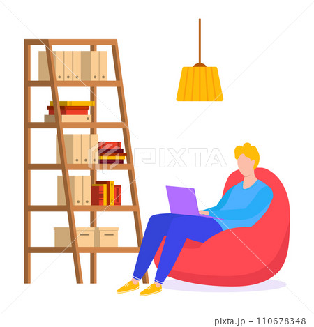 Young adult man sitting in bean bag chair using laptop. Casual male with computer in home interior. Remote work or online education concept vector illustration 110678348
