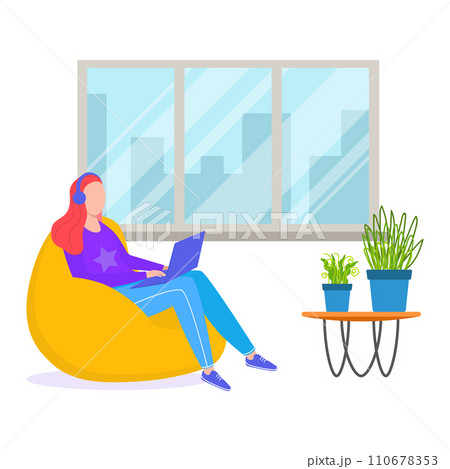 Woman with red hair sitting on yellow beanbag using laptop, indoor with large window, modern workspace. Freelancer working from home vector illustration. Woman with red hair sitting on yellow beanbag using laptop, indoor with large window, modern workspace. Freelancer working from home vector illustration. 110678353