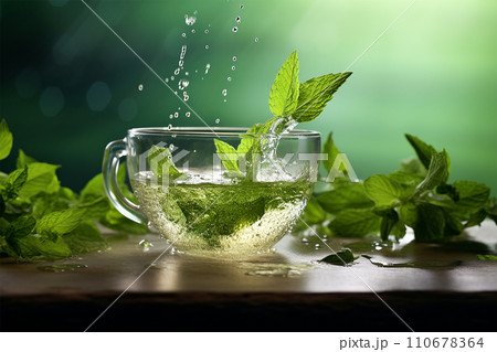 Generative AI Fresh green tea pouring in a glass cup over dark backgrounds 110678364