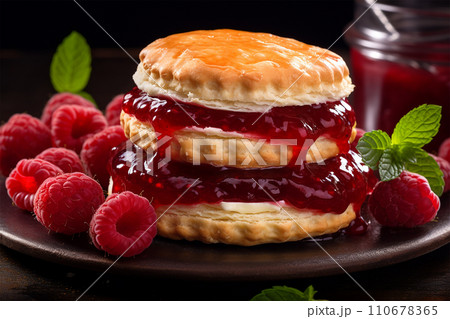 Generative AI Cookies with raspberry jam close up homemades delicious tasty 110678365