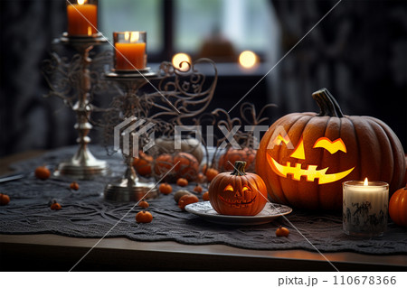 Generative AI Halloween pumpkin and candles on a table with decorations, dark lights 110678366
