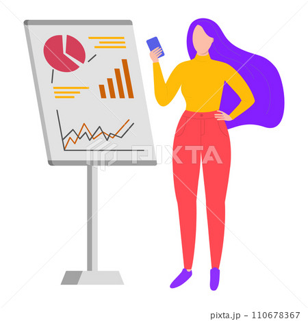 Young woman with purple hair standing next to a presentation board with charts. Professional female presenter with a mobile phone, business infographic vector illustration. 110678367