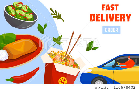 Food delivery service concept with a car, various dishes, and FAST DELIVERY ORDER text. Online order takeaway graphics. Convenience meal delivery vector illustration. Food delivery service concept with a car, various dishes, and FAST DELIVERY ORDER text. Online order takeaway graphics. Convenience meal delivery vector illustration. 110678402
