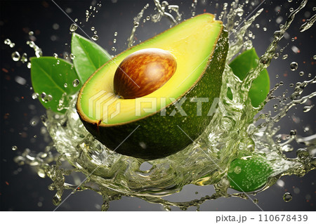 Generative AI Sliced avocado with splash oil close ups detailed 110678439
