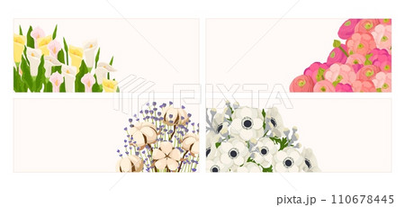 Four panels of various flowers including calla lilies, roses, anemones, and lavender. Elegant floral designs for spring occasions. Artistic flowers for greeting cards vector illustration. Four panels of various flowers including calla lilies, roses, anemones, and lavender. Elegant floral designs for spring occasions. Artistic flowers for greeting cards vector illustration. 110678445