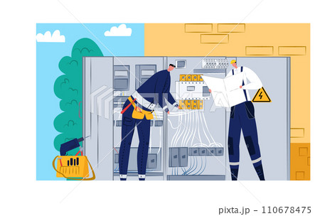 Two electricians working on an electrical panel indoors, one checking wires, the other reading a schematic. Professional teamwork at power system installation vector illustration. Two electricians working on an electrical panel indoors, one checking wires, the other reading a schematic. Professional teamwork at power system installation vector illustration. 110678475