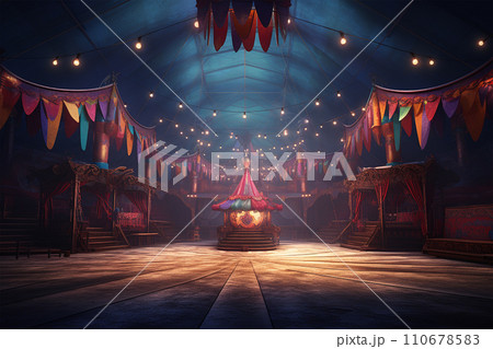 Generative AI Circus colorful lights arenas ready for a show generated by AI 110678583