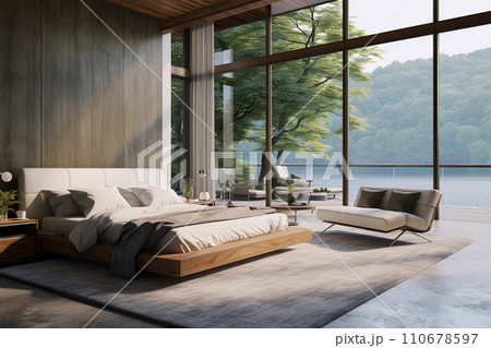 Generative AI white bedroom at sunset modern styles, minimalist generated by AI 110678597
