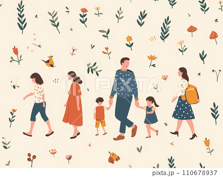 自然の中で手をつなぐ家族の暖かなイラスト 110678937