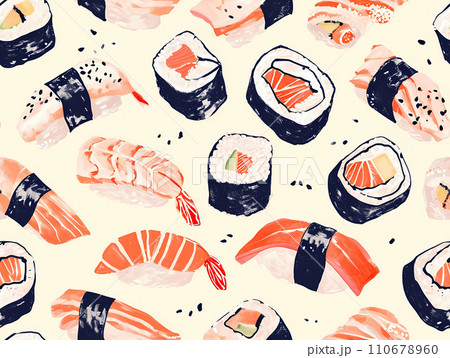 和の美味しさを表現したカラフルな寿司のイラストパターン 110678960