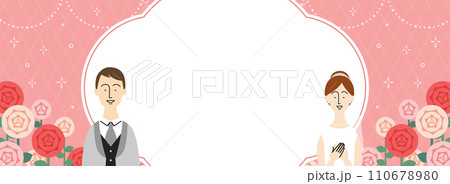 新郎新婦とバラのフレーム・背景素材（バナー向け横長） 110678980