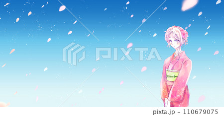 振袖を着た金髪の女性　桜吹雪 110679075