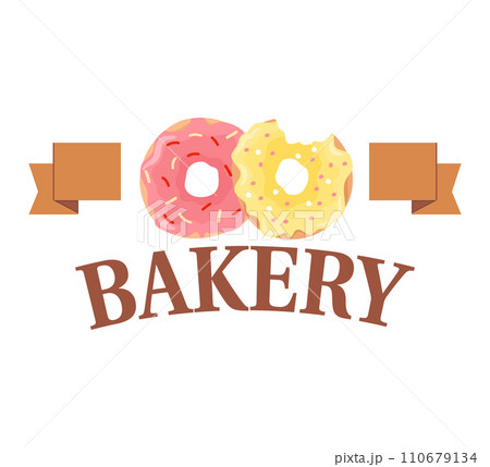 Colorful donuts with pink and yellow icing. Sweet pastries and bakery logo concept. Delicious doughnuts, creative bakery branding vector illustration. Colorful donuts with pink and yellow icing. Sweet pastries and bakery logo concept. Delicious doughnuts, creative bakery branding vector illustration. 110679134