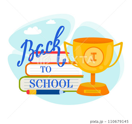 Back to School concept with stacked books, a golden trophy, and pencil. Education success and academic achievement theme vector illustration. Back to School concept with stacked books, a golden trophy, and pencil. Education success and academic achievement theme vector illustration. 110679145