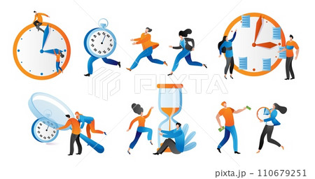 Men and women interacting with oversized clocks and hourglass, symbolizing time management and deadlines. Office workers racing against time, planning schedules vector illustration. 110679251