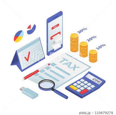 Isometric tax calculation concept with calendar, calculator, and smartphone. Online payment and finance management vector illustration. 110679278