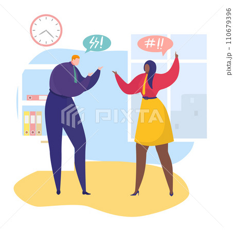 Man wearing a suit and woman in yellow skirt arguing in office. Office dispute, conflict at work, communication issue. Vector illustration 110679396