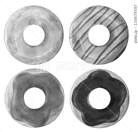 水彩のモノクロのドーナツのイラスト素材セット 水彩のモノクロのドーナツのイラスト素材セット 110679397