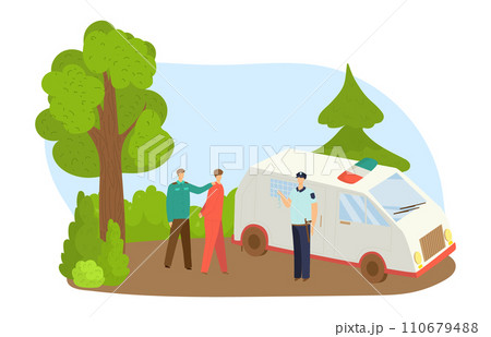 Paramedic guiding patient to ambulance in park, another helping, medical emergency outdoor. Health care, emergency response, ambulance service vector illustration. 110679488
