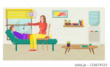 Female therapist with pendulum hypnotizing male patient. Hypnotherapy session in cozy room with plants. Psychology, mental health, and modern therapy vector illustration. Female therapist with pendulum hypnotizing male patient. Hypnotherapy session in cozy room with plants. Psychology, mental health, and modern therapy vector illustration. 110679525