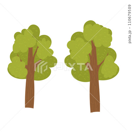 Two cartoon trees with green foliage and brown trunks isolated on white background. Nature and environment concept with cartoon flora vector illustration. Two cartoon trees with green foliage and brown trunks isolated on white background. Nature and environment concept with cartoon flora vector illustration. 110679589