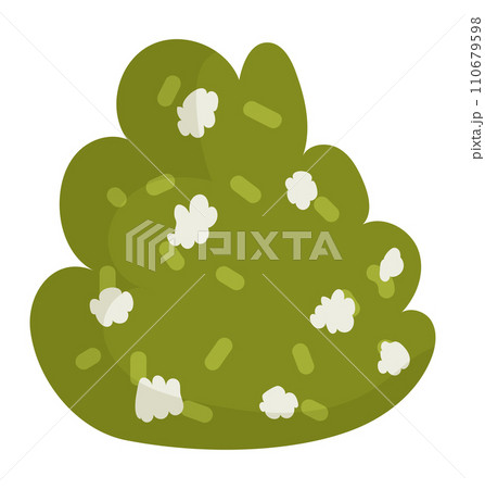 Green bush with white flowers cartoon style. Simplified nature element for kids illustration. Vector illustration of a lush bush with simplistic design, ideal for children's book vector illustration. 110679598
