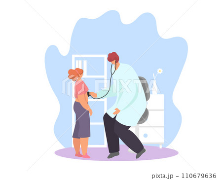 Doctor checking blood pressure of female patient in clinic. Health check-up with professional medical practitioner vector illustration. 110679636