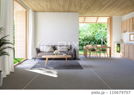 Modern contemporary loft style living and dining room with tropical garden view 3d render 110679707