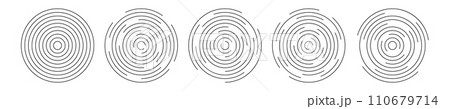 Set of circular ripple icons. Concentric circles with broken lines isolated on white background. Whirlpool, swirl, vortex, sonar wave, soundwave, sunburst, signal signs Set of circular ripple icons. Concentric circles with broken lines isolated on white background. Whirlpool, swirl, vortex, sonar wave, soundwave, sunburst, signal signs 110679714