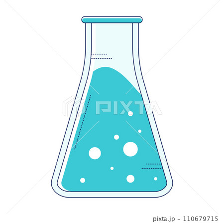 Blue liquid in clear Erlenmeyer flask with bubbles. Laboratory glassware with chemical solution, simple flat design. Science experiment, chemistry, research vector illustration. 110679715
