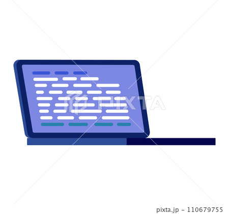 Open laptop with blue screen displaying code lines. Programming and coding concept, developer workspace. Technology and software development vector illustration. Open laptop with blue screen displaying code lines. Programming and coding concept, developer workspace. Technology and software development vector illustration. 110679755