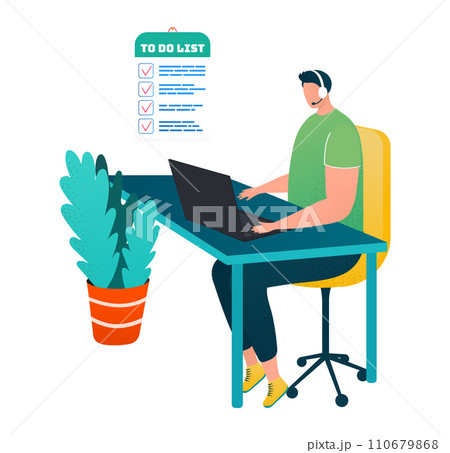 Man with headphones working on laptop at desk with plant, to-do list on clipboard. Productive work from home setup vector illustration. Man with headphones working on laptop at desk with plant, to-do list on clipboard. Productive work from home setup vector illustration. 110679868