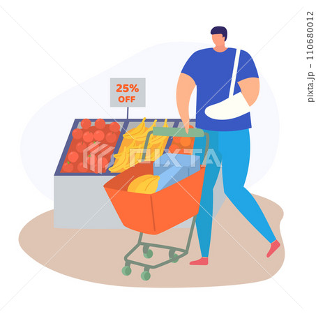 Man shopping in supermarket with arm in sling, pushing cart near discount fruit stand. Injury recovery and grocery shopping. Vector illustration. 110680012