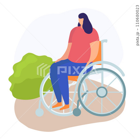 Woman in wheelchair outdoor scene enjoying nature. Female with disability living active lifestyle vector illustration. 110680023