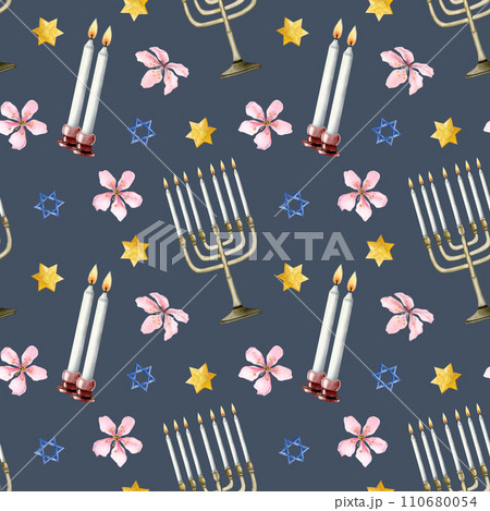 Dark blue Shabbat watercolor seamless pattern with candles, Jewish menorah, stars of David and flowers for meeting of Jewish Saturday Dark blue Shabbat watercolor seamless pattern with candles, Jewish menorah, stars of David and flowers for meeting of Jewish Saturday 110680054