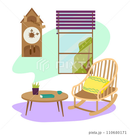 Cozy interior with rocking chair, coffee table, window view, and clock. Home relaxation, peaceful living room setting. Comfortable furniture and home decor vector illustration. Cozy interior with rocking chair, coffee table, window view, and clock. Home relaxation, peaceful living room setting. Comfortable furniture and home decor vector illustration. 110680171