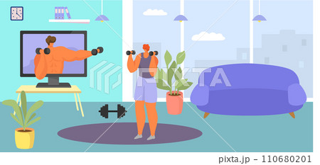 Woman exercising at home with dumbbells, following online fitness program. Indoor workout routine and healthy lifestyle concept vector illustration. 110680201