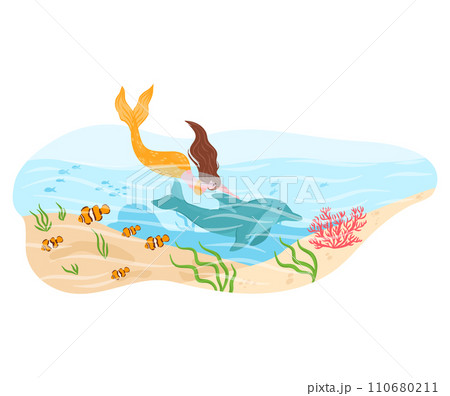 Mermaid swimming with a dolphin underwater near coral and clownfish. Mythical sea creature interaction with marine life. Fantasy ocean adventure vector illustration. 110680211