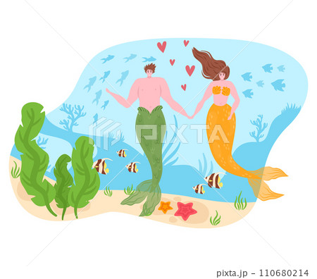 Male and female mermaids holding hands underwater, surrounded by fish and seaweed. Mermaid couple in love with heart symbols. Fairytale romance, fantasy sea life vector illustration. Male and female mermaids holding hands underwater, surrounded by fish and seaweed. Mermaid couple in love with heart symbols. Fairytale romance, fantasy sea life vector illustration. 110680214