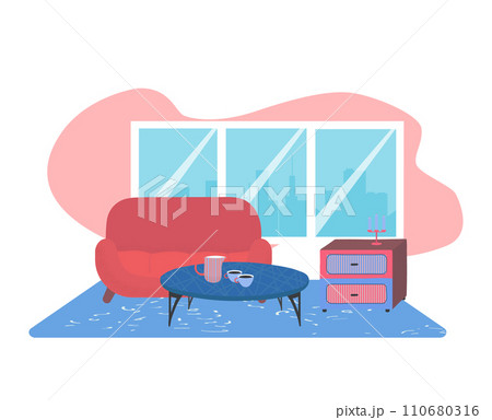 Cozy living room interior with red sofa, coffee table, and city view. Modern apartment design with decor items and large window. Comfortable home space, stylish furniture vector illustration. 110680316