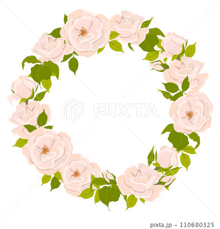 Round vector frame with pink roses. Floral wreath in flat style. Logo template, floral frame for wedding, mother's day greeting card. Beige roses for First Communion. 110680325