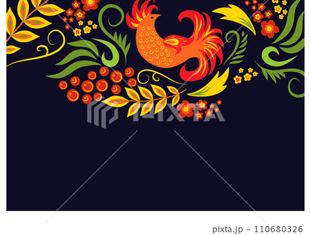 Colorful traditional Russian Khokhloma painting with red and gold bird, berries, and flowers. Folk art, floral pattern with vibrant firebird on black background vector illustration. Colorful traditional Russian Khokhloma painting with red and gold bird, berries, and flowers. Folk art, floral pattern with vibrant firebird on black background vector illustration. 110680326