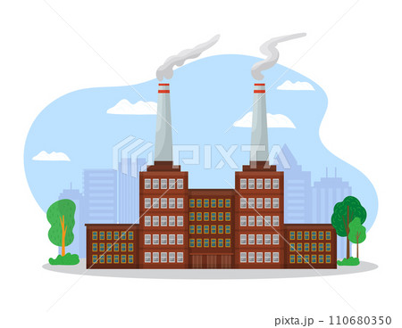 Industrial factory buildings with chimneys emitting smoke, city skyline in background, environmental pollution concept. Urban landscape with industry pollution vector illustration. Industrial factory buildings with chimneys emitting smoke, city skyline in background, environmental pollution concept. Urban landscape with industry pollution vector illustration. 110680350