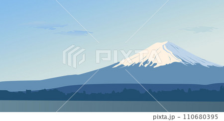 Panoramic day view of mount Fuji. Landscape with a mountain peak in Japan. The hour of the sun's Zenith. Famous landmark Wallpapers. Banner design with a natural landscape. The sky sun, water. 110680395