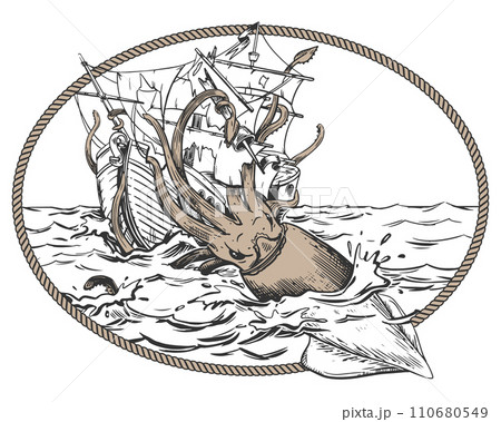 The legendary kraken is attacking the ship. A squid drags a sailboat underwater. Monochrome drawing in an oval rope frame. Vector illustration in engraving style. Composition based on sailor's legends 110680549