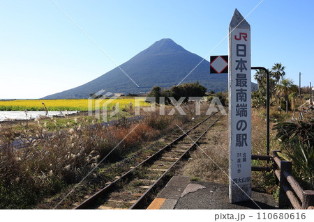 西大山駅から見る菜の花と開聞岳 110680616