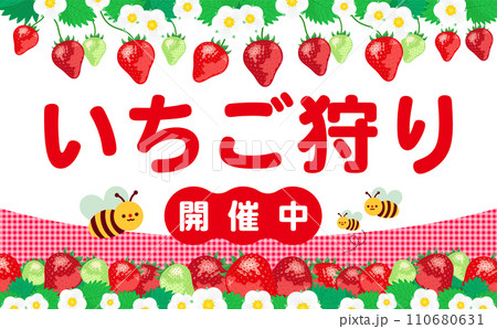 いちご狩りに最適ないちごやイチゴの花や苺の葉が描かれたコピースペースのある背景フレームの春素材 110680631